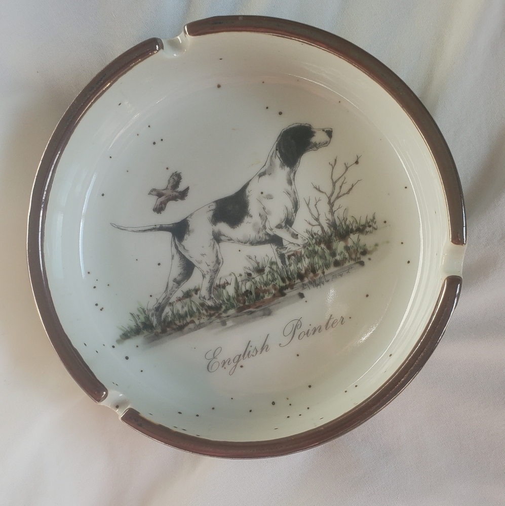 English Pointer Vtg Enesco Dog Speckled Ceramic Ashtray Trinket Bowl Waterfowl